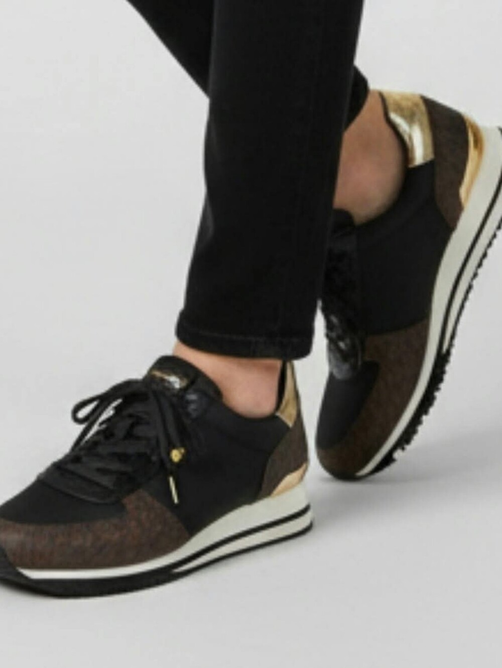 Michael Kors Black and Brown Sneakers with Gold Accents